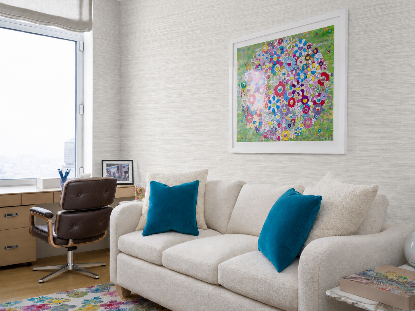 Home office with Murakami artwork and teal accents