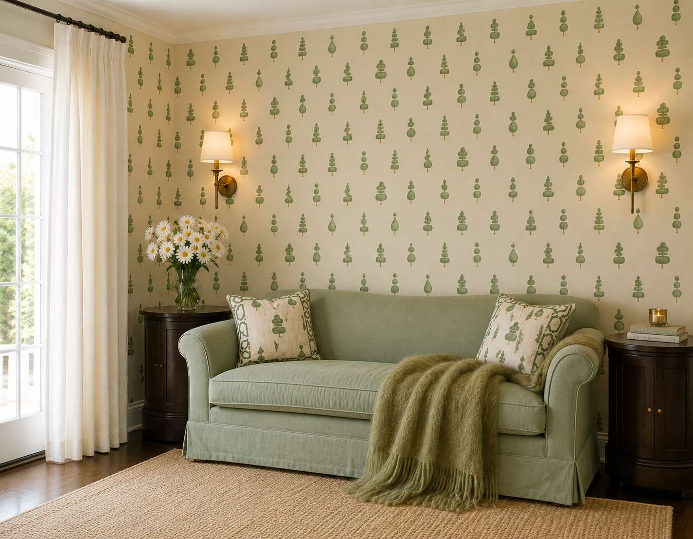 Hamptons sitting room with green sofa and tree-pattern wallpaper