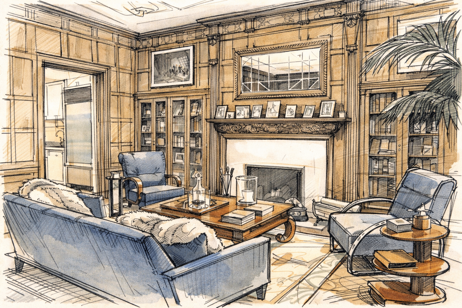 Interior design sketch rendering of a sitting room