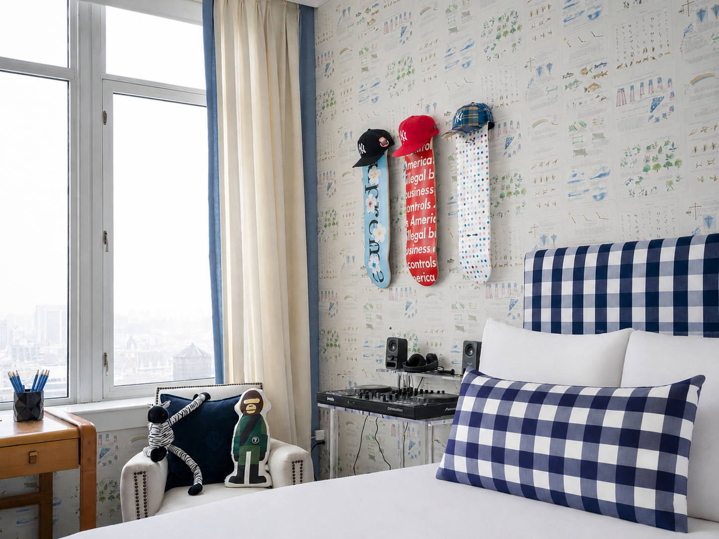 Boys room with gingham headboard and skateboard wall
