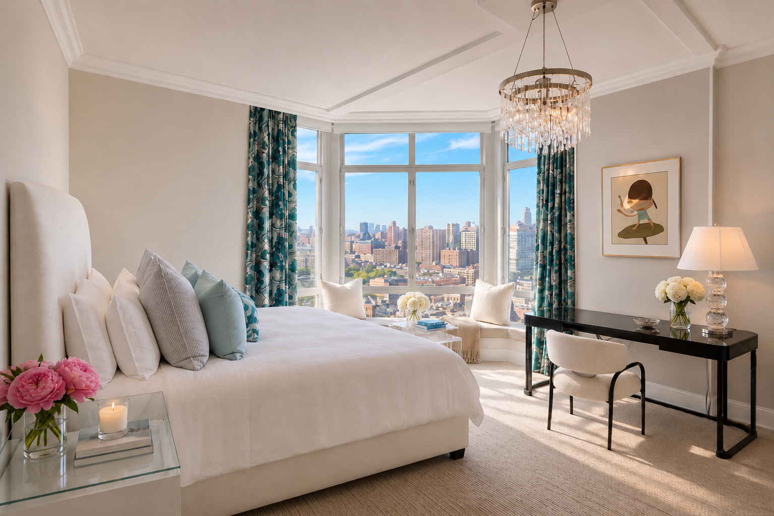 Guest bedroom with teal botanical curtains and skyline view